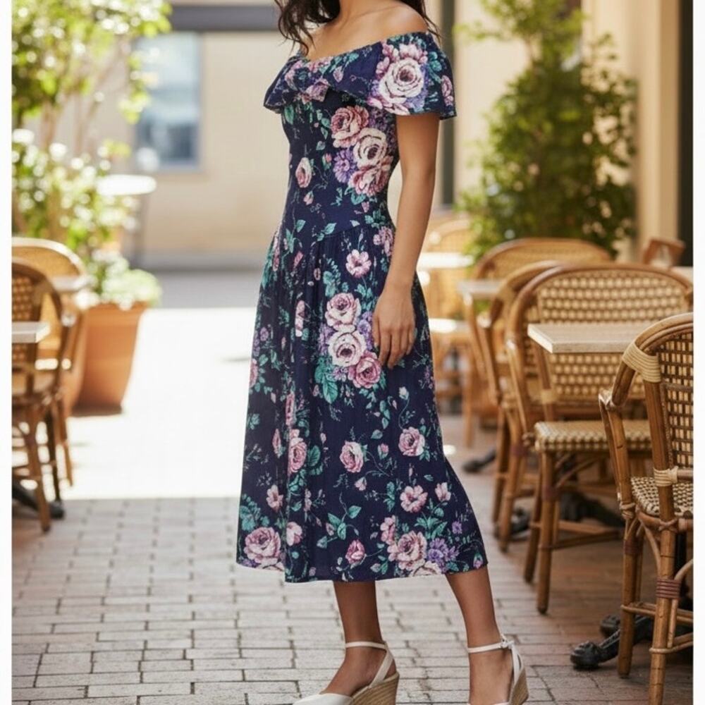 Elisse Vintage 80's Floral Off The Shoulder Midi Dress Women's 11 / 12 Blue Pink